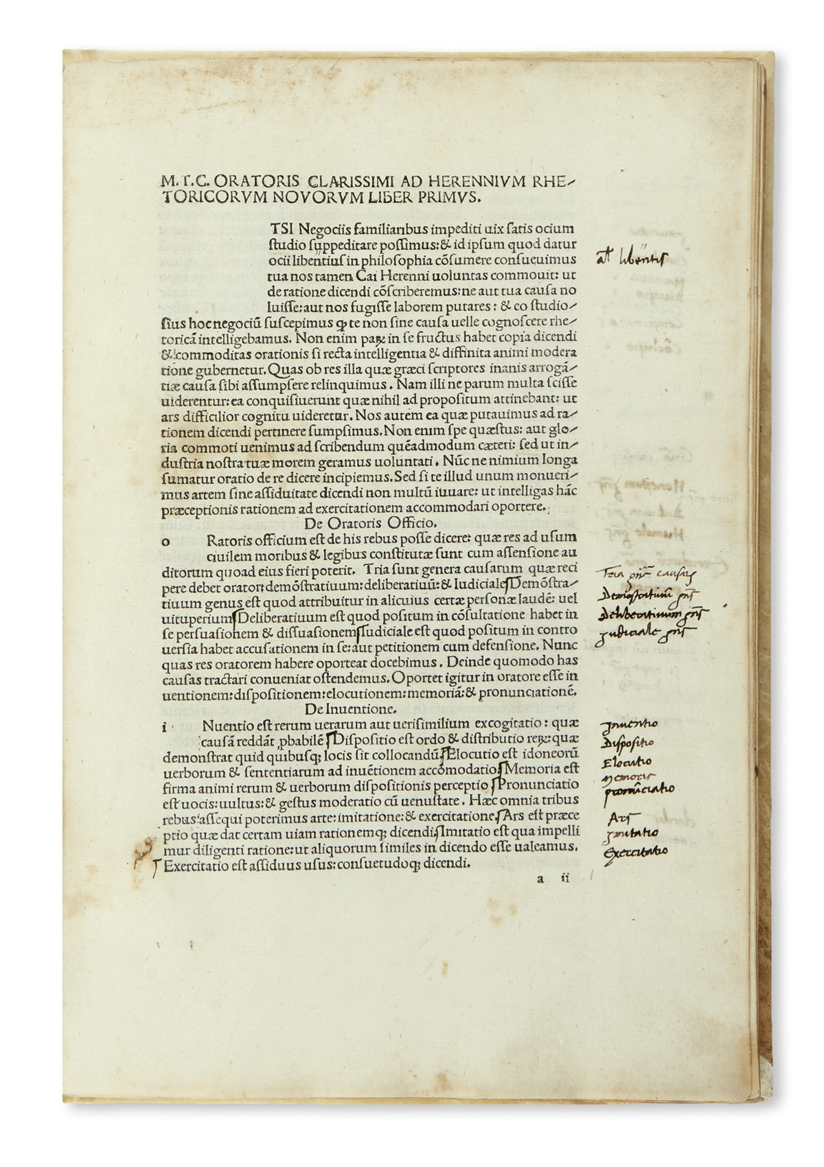 INCUNABULA  CICERO, MARCUS TULLIUS. Rhetorica ad C. Herennium.  1476